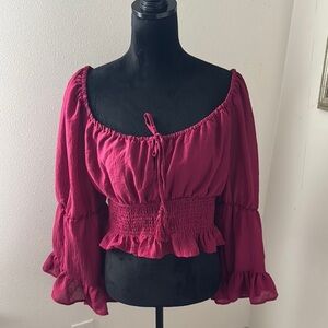 Blush peasant boho split top smocked waist ruffle hem bell sleeves Merlot top XL